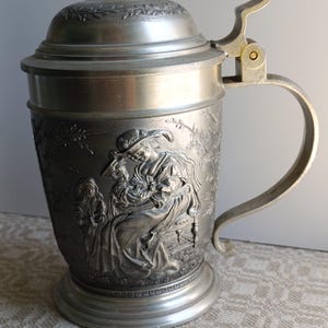 Rare Vintage Pewter Beer Stein Mug with Lid Relief scenes of rural life.REINZINN BLEIFREI GERMANY Well-preserved, excellent relief,Rare Find