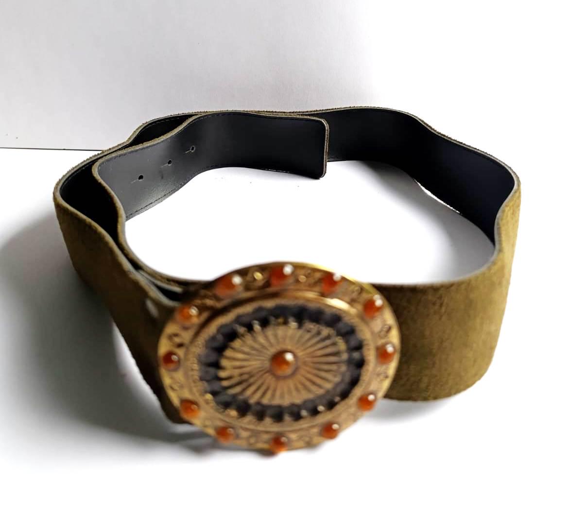Vintage Boho Western Suede Leather Belt With Ornate Oval 
