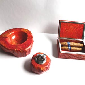 Set di sigari in alabastro rosso italiano - posacenere, accendino e scatola per sigarette Humidor, Romano Bianchi Vintage Tobacciana