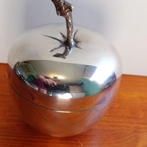 Może przedstawiać: Srebrny pojemnik w kształcie jabłka z teksturowaną łodygą. Pojemnik jest okrągły i odblaskowy, z pokrywką, która wydaje się otwierać. Łodyga ma ciemniejszy, metaliczny kolor. Pojemnik stoi na drewnianej powierzchni.