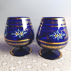 Bold Blue Bohemian Glassware - Handcrafted Czech Brandy Glasses with a Touch of Elegance.1970s Boho Chic Cobalt Glasses for Cognac& Whiskey
