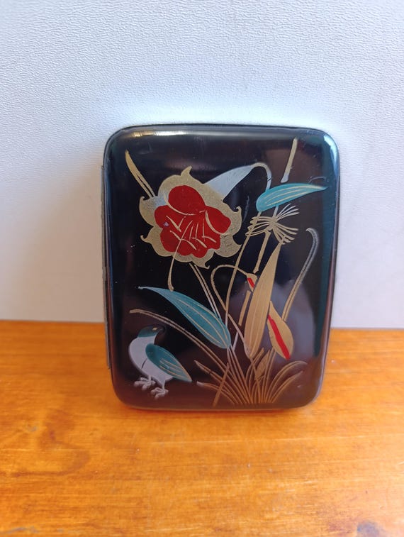 Vintage Japanese Maki-e Style Cigarette Case,Black Lacquer Enamel with Bird  and Floral Motif,Mid- Century Asian Art Collectible,Gift for Him