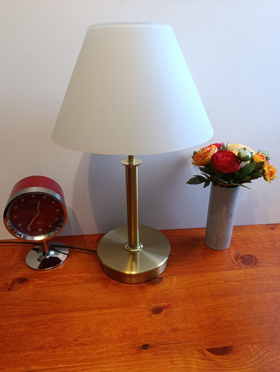 FREE SHIPPING.Vintage German Touch Lamp by TCM- Satin Brass & Frosted Glass Shade - Mid-Century Modern Style -3- Way Dimmer - Made in German