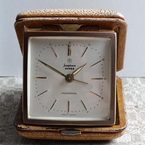 Vintage JUNGIANS BIVOX Travel Alarm Clock in Case,Mid Century Wind up Mechanical Alarm Clock Brass & Leather Timepiece Germany 50s.