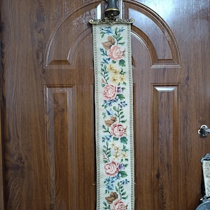 Vintage Estate Needlepoint Bell Pull with Bell Wall Hanging with Bronze Hardware, FLORAL TAPESTRY Decorative Hardware.Made in Austria 50-60s