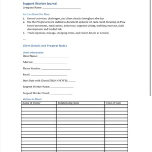 Pode incluir: Um diário de trabalho de apoio imprimível em preto e branco com seções para os detalhes do cliente, as notas de progresso e as informações do visitante. O diário inclui campos para o nome do cliente, o endereço, o número de telefone, o e-mail, a data de início com o cliente, o nome do trabalhador de apoio e o e-mail do trabalhador de apoio. Também há uma tabela para registrar as informações do visitante, incluindo o nome do visitante, a relação/função e a hora da visita.