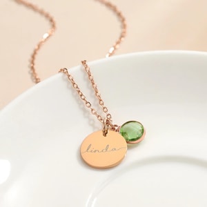 Personalized necklace with medal to engrave and birthstone • Name necklace, Birth gift, mother&#39;s or birth necklace