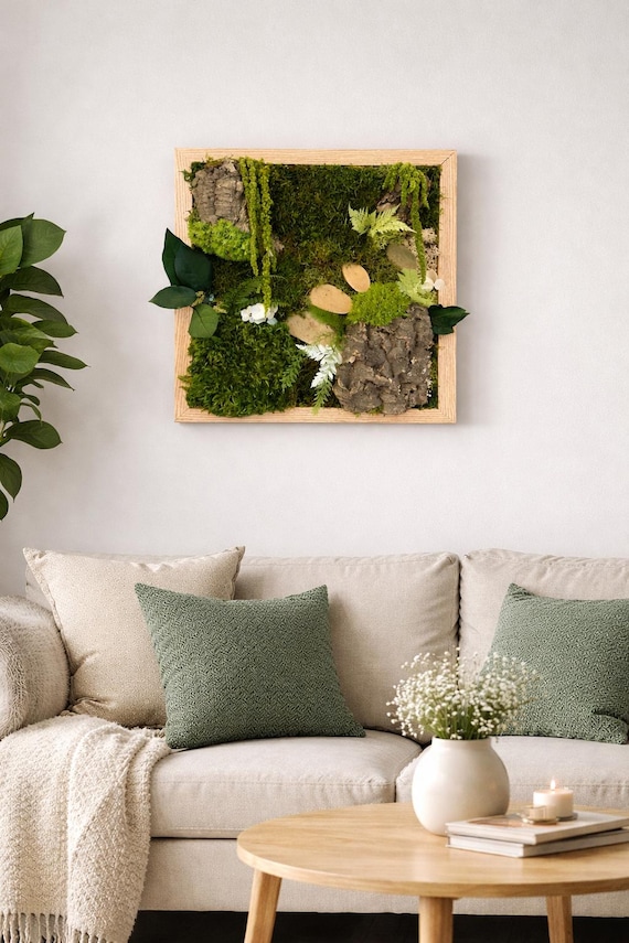 Cadre végétal stabilisé– Décoration murale naturelle– Mousse et écorce– Tableau végétal sans entretien