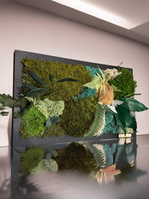 Tableau végétal mural mousse stabilisée– cadre mural nature– Déco murale artisanale avec feuillages et bois flotté– Cadeau original nature