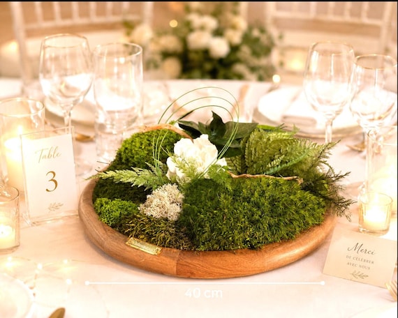 Centre de table végétal stabilisé XL – Mousse naturelle, eucalyptus & gypsophile – Décoration mariage bohème chic – Pièce unique