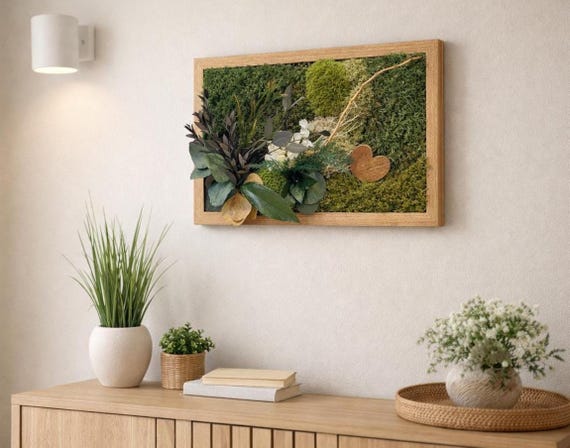 Cadre végétal mural en mousse et feuillage stabilisé – Décoration murale naturelle artisanale – Cadeau unique naturel