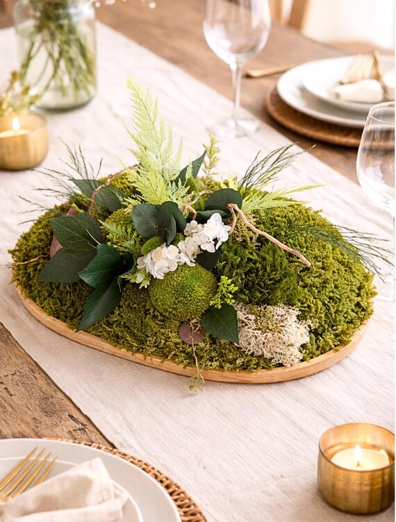 Centre de table végétal stabilisé XL – Mousse naturelle, eucalyptus & gypsophile – Décoration mariage bohème chic – Pièce unique