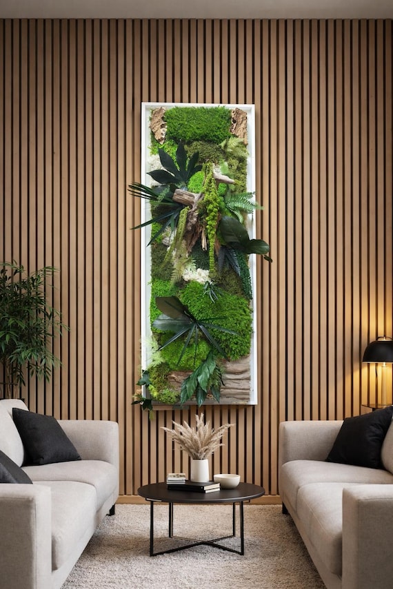 Tableau végétal mural grand format– Mousse stabilisée et bois naturel – Cadre design blanc sans entretien – Décoration murale artisanale