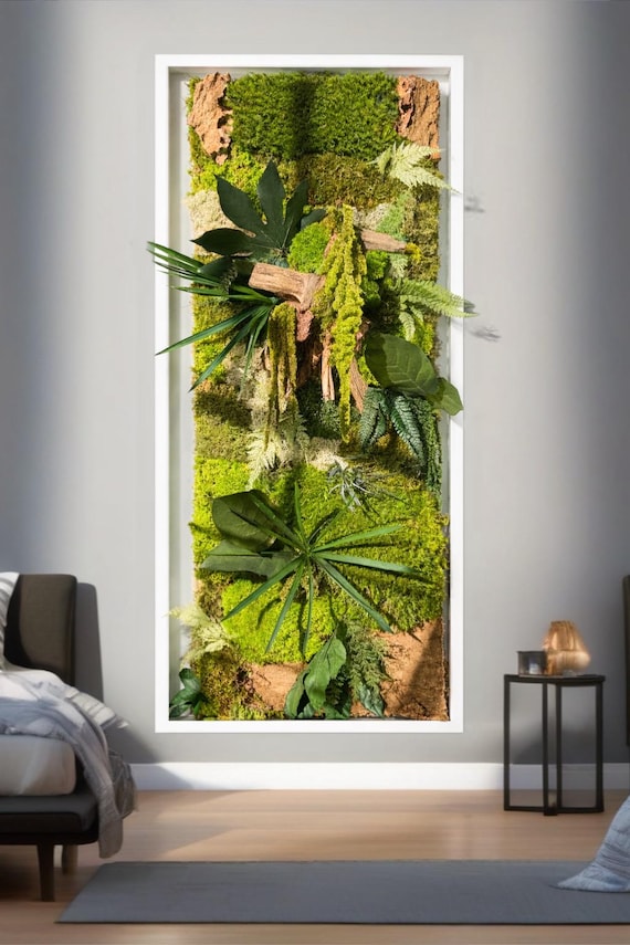 Tableau végétal mural grand format– Mousse stabilisée et bois naturel – Cadre design blanc sans entretien – Décoration murale artisanale
