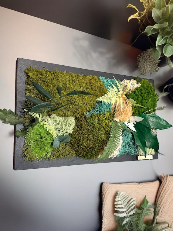 Tableau végétal mural mousse stabilisée– cadre mural nature– Déco murale artisanale avec feuillages et bois flotté– Cadeau original nature