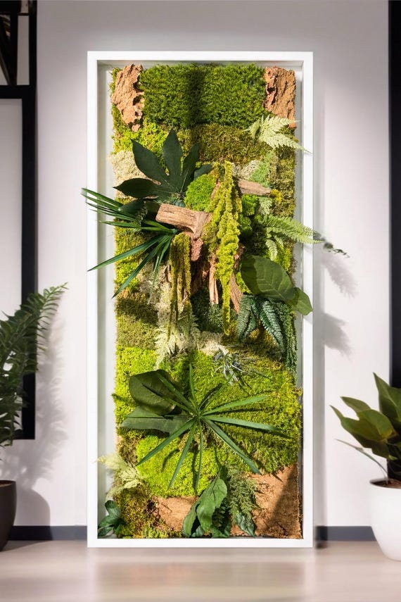 Tableau végétal mural grand format– Mousse stabilisée et bois naturel – Cadre design blanc sans entretien – Décoration murale artisanale
