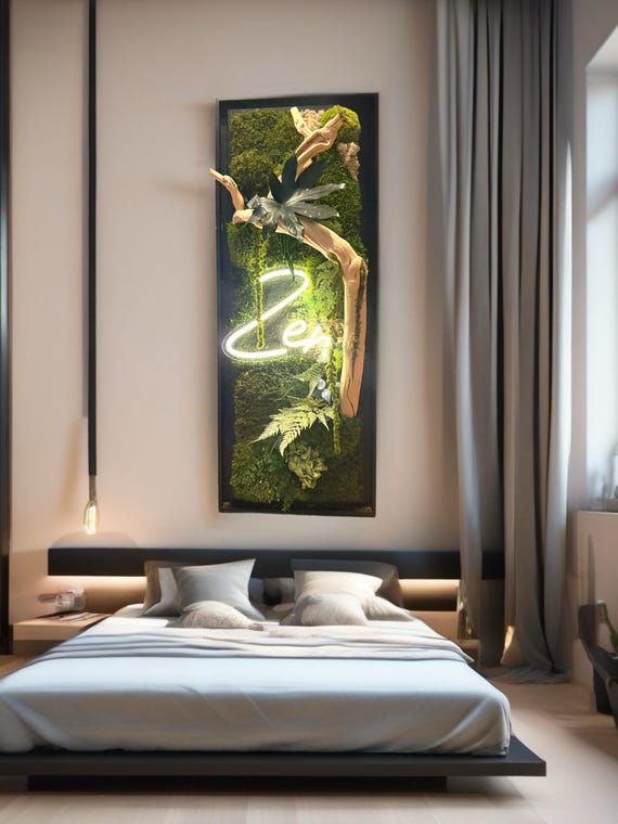 Grand cadre végétal mural lumineux « zen »– Caisse américaine – Œuvre végétale verticale 100 cm – Décoration murale nature chic