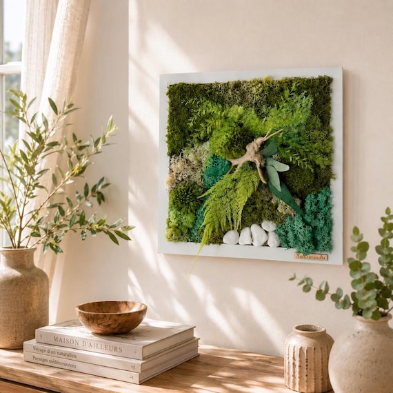 Cadre végétal stabilisé 30x30 cm – Art végétal naturel mural – Décoration zen et moderne