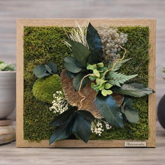 Cadre végétal stabilisé mural– Tableau végétal en mousse, eucalyptus et gypsophile – Décoration murale végétale naturelle