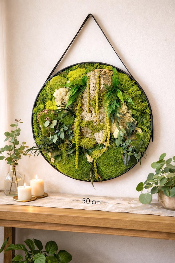 Grand cadre végétal rond  100% naturel-mousse et plante stabilisée