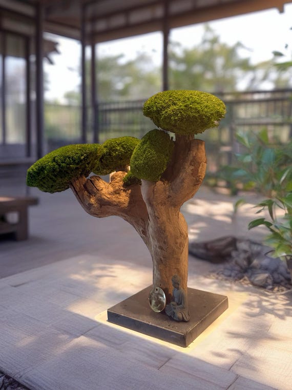 Bonsaï végétal stabilisé sculptural – Art végétal Zen haut de gamme – Pièce unique Japandi / Wabi Sabi – Bois naturel et mousse stabilisée