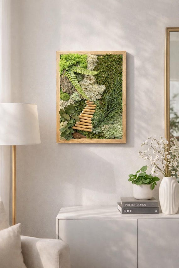 Cadre végétal mural en mousse et feuillage stabilisé – Décoration murale naturelle artisanale – Cadeau unique naturel