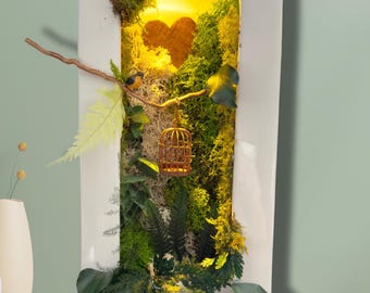 Cadre végétal stabilisé  lumineux avec oiseau et cœur – Déco murale fait main et poétique- « l’envol du cœur », unique