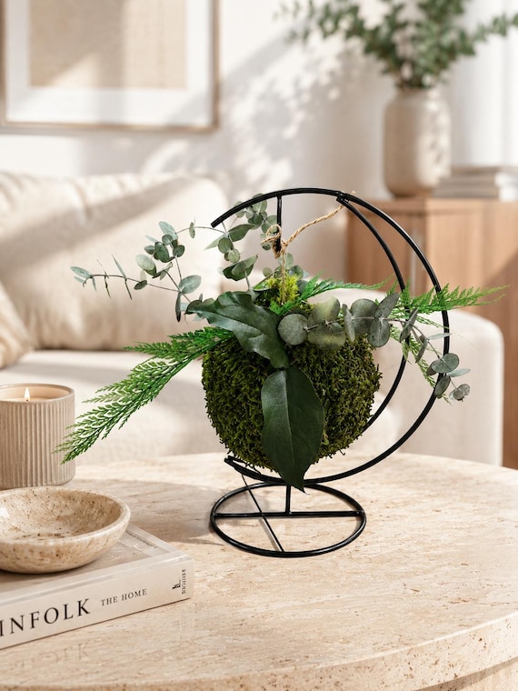 Kokedama Stabilisé Eucalyptus & Fougère – À Poser ou Suspendre | Déco Végétale Zen Sans Entretien