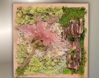 Cadre végétal forêt magique – Mousse stabilisée & feuillage naturel rose encadré carré bois naturel – Déco d'intérieur murale zen