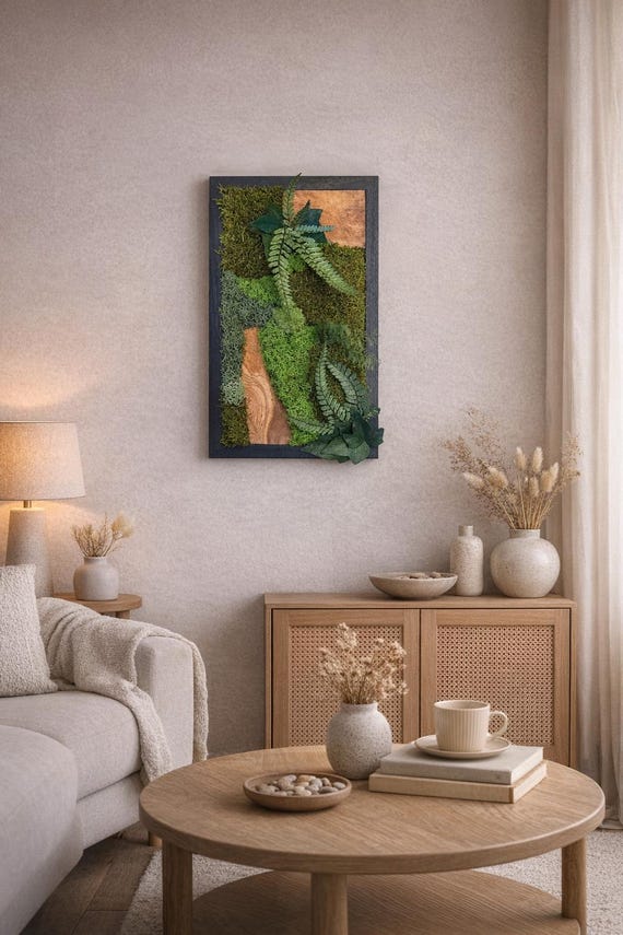 Cadre végétal stabilisé– Décoration murale naturelle– Mousse et fougères – Tableau végétal design – Fait main