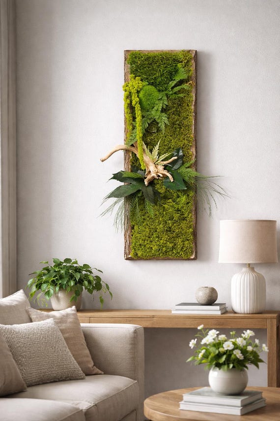 Cadre végétal stabilisé vertical– Mousse naturelle et bois flotté – Cadre en écorce – Décoration murale nature