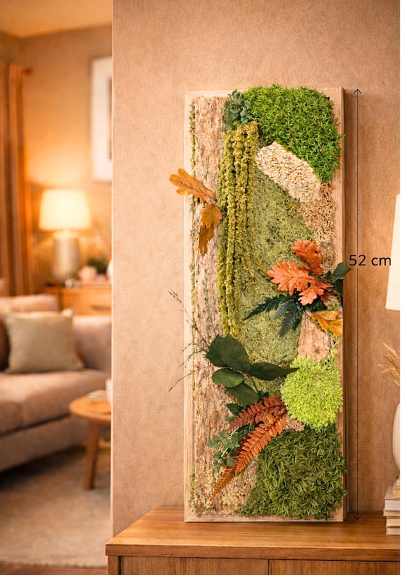 Cadre végétal stabilisé vertical– Tableau végétal mural naturel – Déco murale végétale sans entretien – Vert & beige