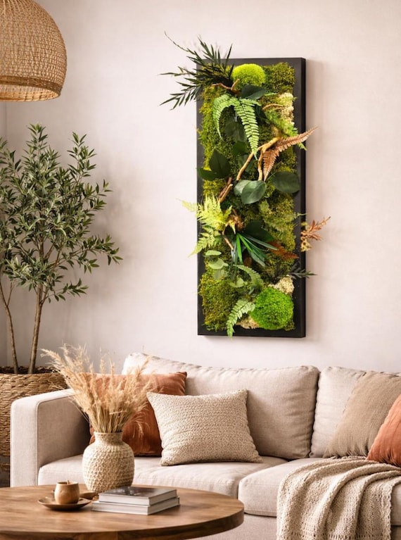 Cadre végétal stabilisé vertical– mousse, écorce et feuillages naturels automnals- Décoration murale nature artisanale– Naturencadre