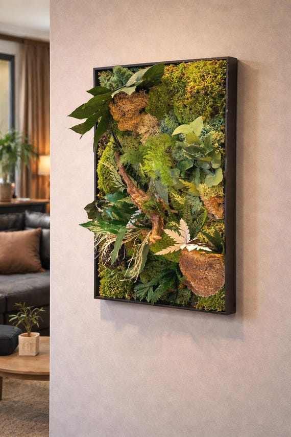 Cadre végétal stabilisé mural design – Tableau de mousse & feuillages naturels – Décoration murale artisanale en bois – Jardin vertical inté