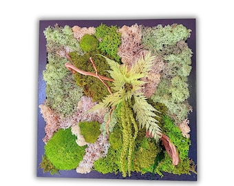 Cadre végétal forêt enchantée – Mousse stabilisée & feuillage naturel encadré carré bois noir – Déco d'intérieur murale zen et naturelle