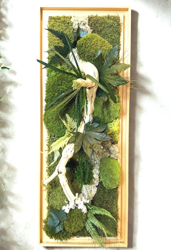 Cadre végétal mural grand format – Caisse américaine – Œuvre végétale verticale 100 cm – Décoration murale nature chic