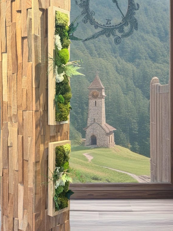 Cadre végétal étroit stabilisé mural– Composition naturelle verticale en bois– Déco zen design- Art végétal sans entretien