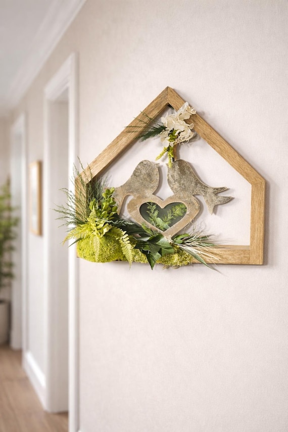 Décoration murale maison végétale stabilisée – Oiseaux cœur ajouré – Bois naturel – Déco murale nature & amour