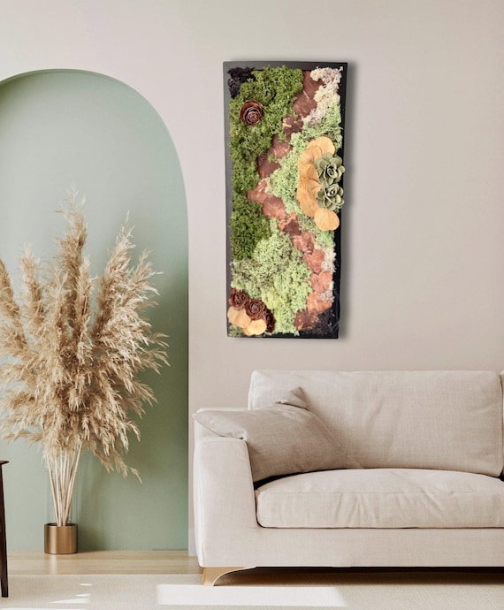 Tableau végétal mural – Chemin en écorce & mousse stabilisée – Art mural naturel fait main – Déco murale zen et poétique