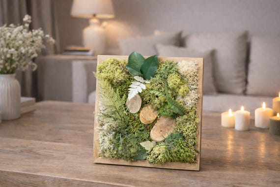 Cadre végétal stabilisé – Chemin en bois – Déco murale naturelle, forêt miniature, mousse et feuilles – Fait main – Sans entretien