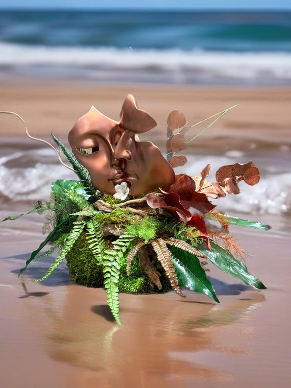 Statue couple visage 40×40 – Art Végétal Romantique | Centre de table Nature Design | Déco Amour Unique