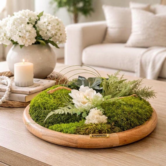Centre de table végétal stabilisé XL – Mousse naturelle, eucalyptus & gypsophile – Décoration mariage bohème chic – Pièce unique