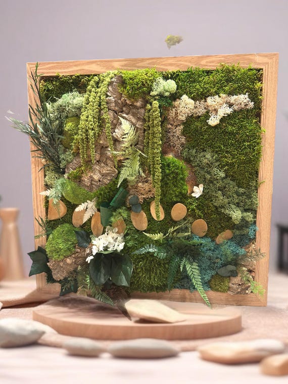 Tableau mural végétal stabilisé carré avec écorce de liège véritable- Décoration murale nature artisanale unique- Tableau végétal fait main