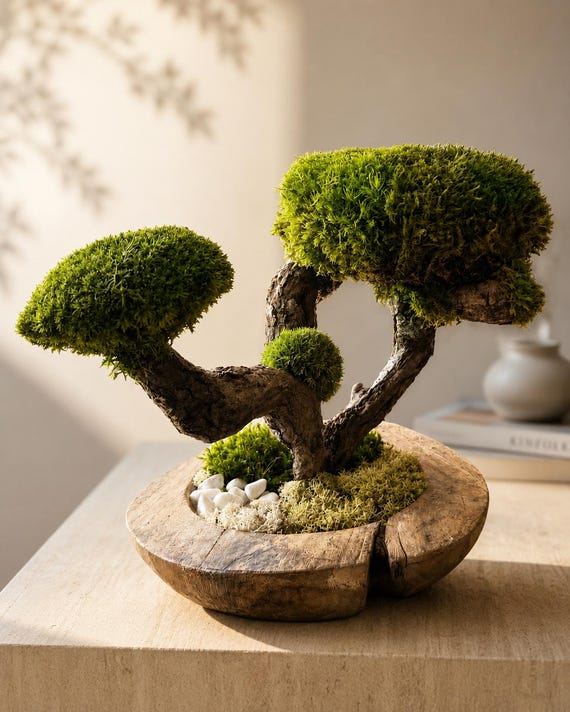 Bonsaï Stabilisé Double Canopée – Sculpture Végétale Zen en Bois Naturel et Mousse Stabilisée
