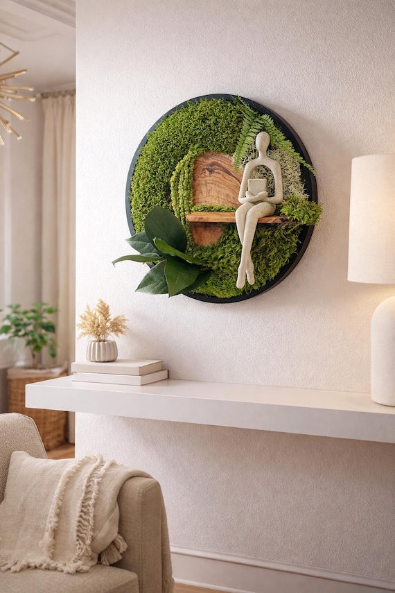 Cadre végétal stabilisé rond Ø 25 cm – Décoration murale nature – Sculpture design – Art végétal fait main