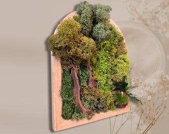 Petit cadre végétal stabilisé arrondi thème forêt  – Décoration murale zen et nature – Pièce unique artisanale