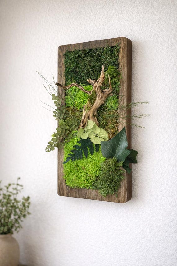 Cadre végétal mural stabilisé en bois naturel – Décoration murale sans entretien – Tableau végétal artisanal nature