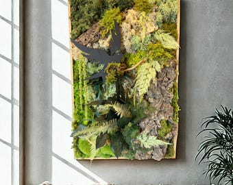 Cadre végétal stabilisé - Forêt enchantée & hirondelle  en vol | Décoration murale artisanale, naturelle et apaisante