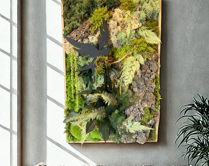 Featured listing image: Cadre végétal stabilisé - Forêt enchantée & hirondelle  en vol | Décoration murale artisanale, naturelle et apaisante