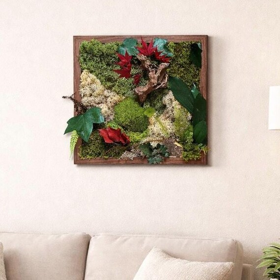 Tableau végétal stabilisé en mousse stabilisée– Tableau mural nature zen- Décoration murale végétale 33*33 cm– Art végétal naturel fait main